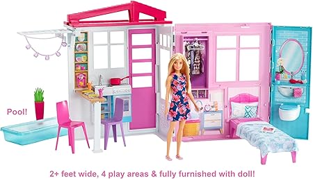 Amazon.com: Muñeca Barbie y casa de muñecas, juego portátil de 1 planta con piscina y accesorios, para niños de 3 a 7 años- - - : Toys \u0026 Games