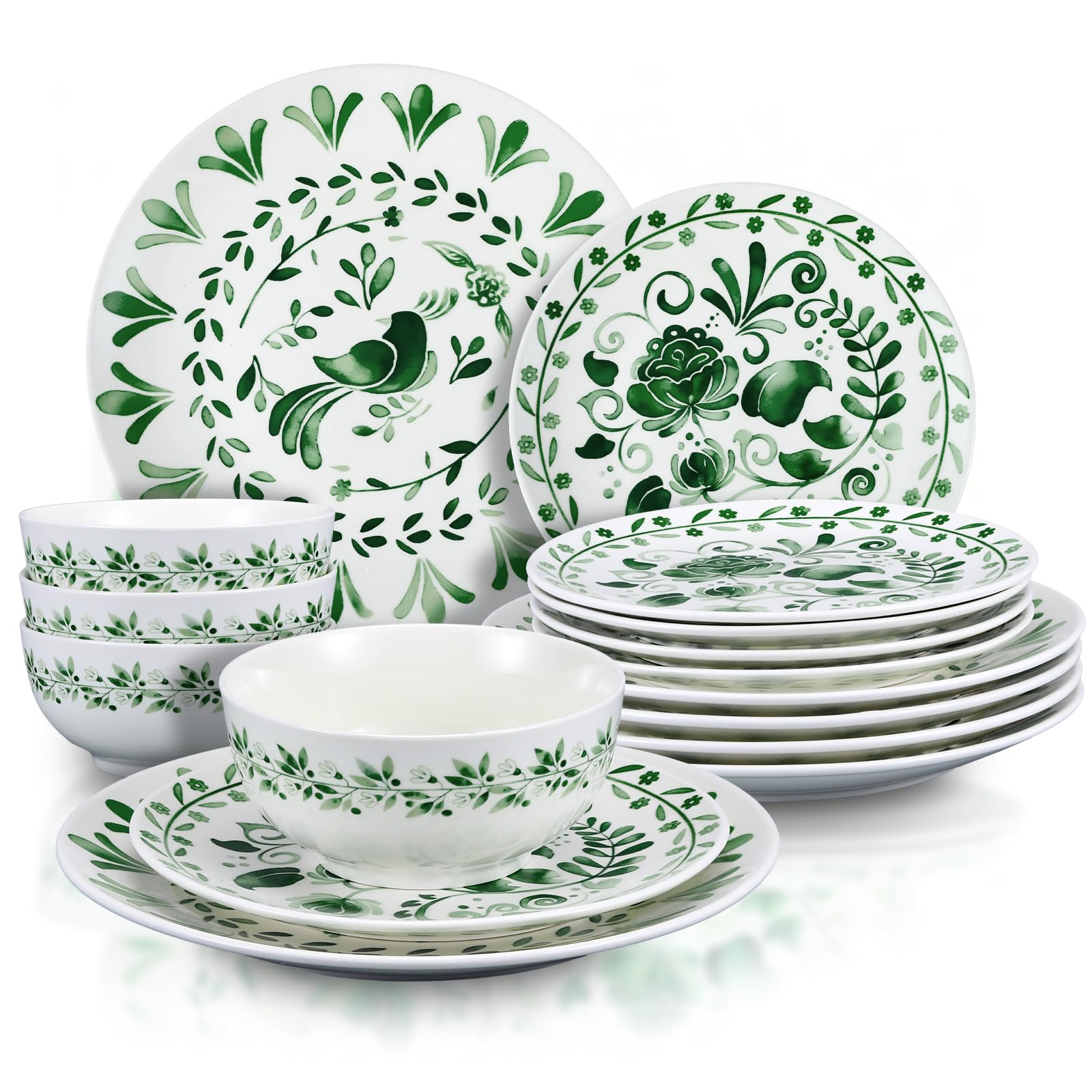 Photo 1 of Potchen 12 Pcs Vintage Green Floral Ceramic Dinnerware Set Service for 4 Elegant Green Plates Bowls Set for Kitchen Daily Use Christmas Party, Microwave Dishwasher Safe