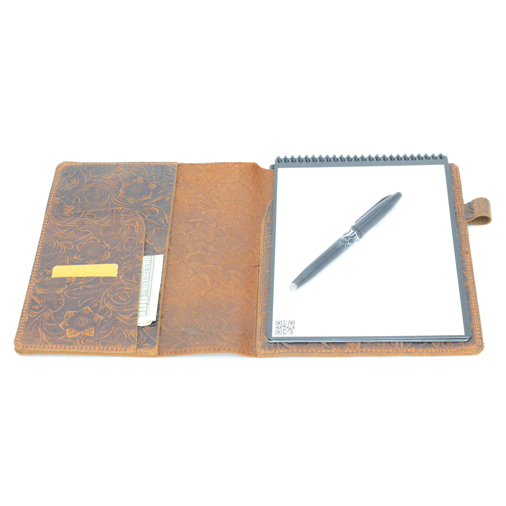 JJNUSA Compatible with Rocketbook Flip Cover Smart Business Handmade Distressed Genuine Leather Notebook Cover with Pen Loop Flowerbrown Executive 6" x 8.8"