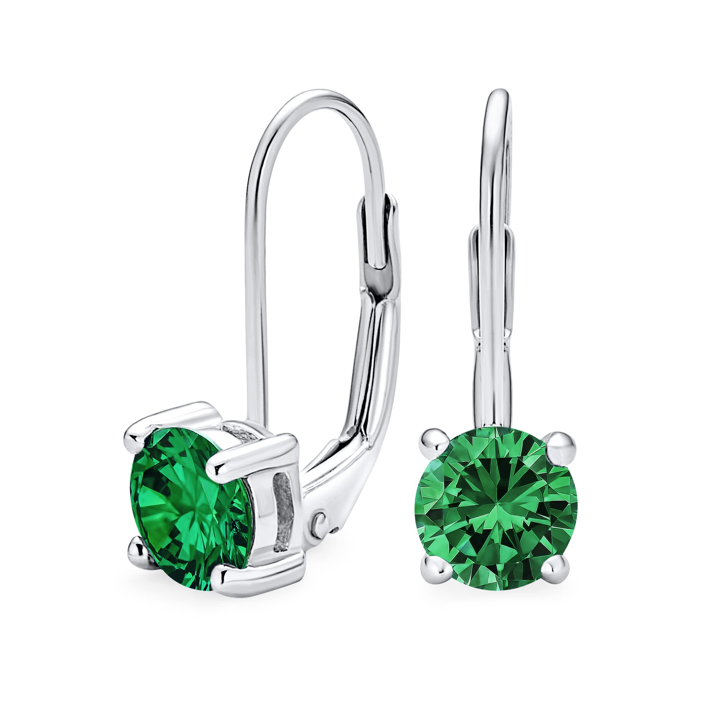 Green Solitaire Round Brilliant Cut Cubic Zirconia CZ Lever back Drop Earrings Simulated Emerald .925 Sterling Silver — image 1