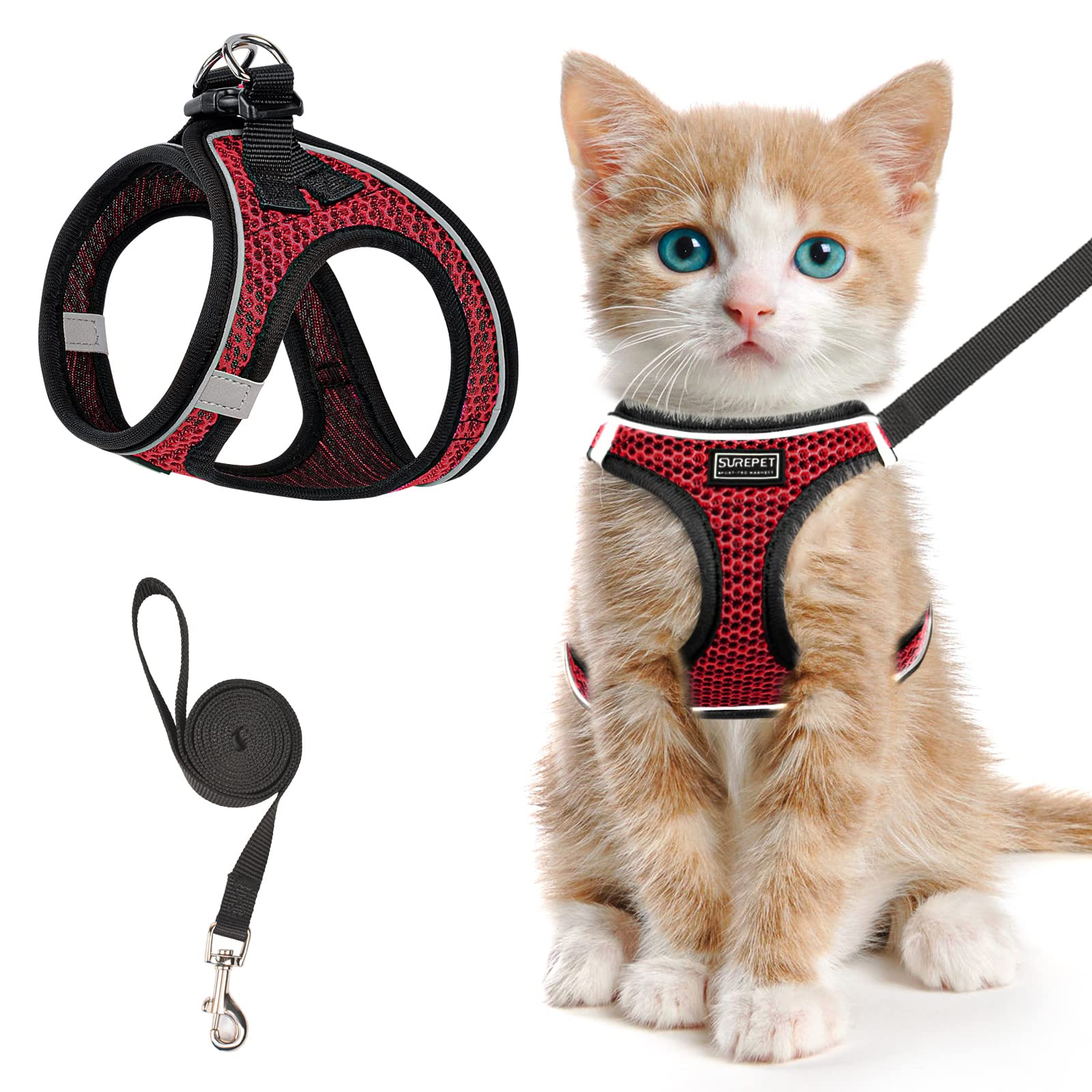 Cat Harness and Leash for Walking Escape Proof, Adjustable Kitten Vest Harness Reflective Soft Mesh Puppy Harness for Outdoor, Comfort Fit, Easy to Control (Red, XXS) — image 1