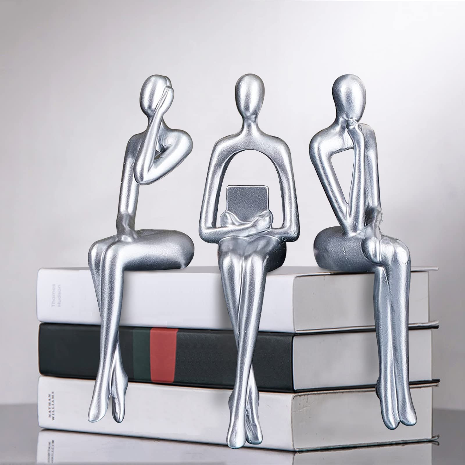 Masvan 3Pcs Home Decor Gold Thinker Statues Resin Sculpture Accents, Modern Abstract Ornaments Bookshelf Collectible Figurines, Shelf Decorations for Living Room Office Table Dining Desk,Silver