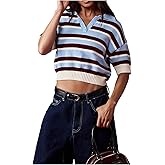 SHENHE Women's Striped Collared Cropped Knit Top Short Sleeve Button Up Sweater
