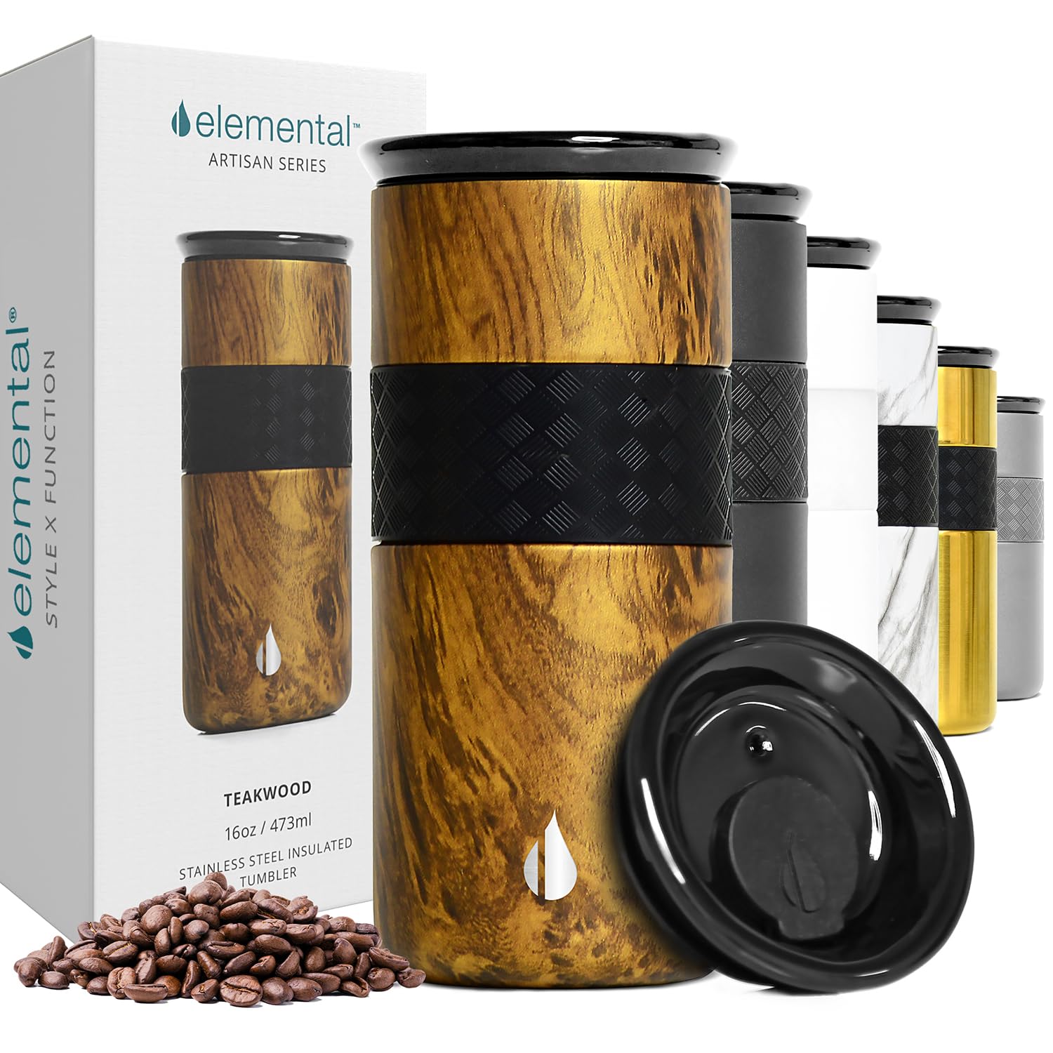 Photo 1 of Elemental Artisan Insulated Tumbler, Triple Wall Coffee Travel Mug, Reusable Stainless Steel Coffee Tumbler with Ceramic Lid, Thermal Coffee Cups for Hot (6 Hrs) & Cold (18 Hrs), 16oz - Teakwood
