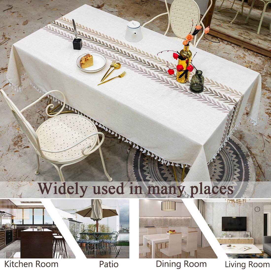 Smiry Embroidery Tassel Tablecloth - Cotton Linen Dust-Proof Table Cover for Kitchen Dining Room Party Home Tabletop Decoration (Rectangle/Oblong, 55 x 102 Inch, Coffee): Kitchen & Dining