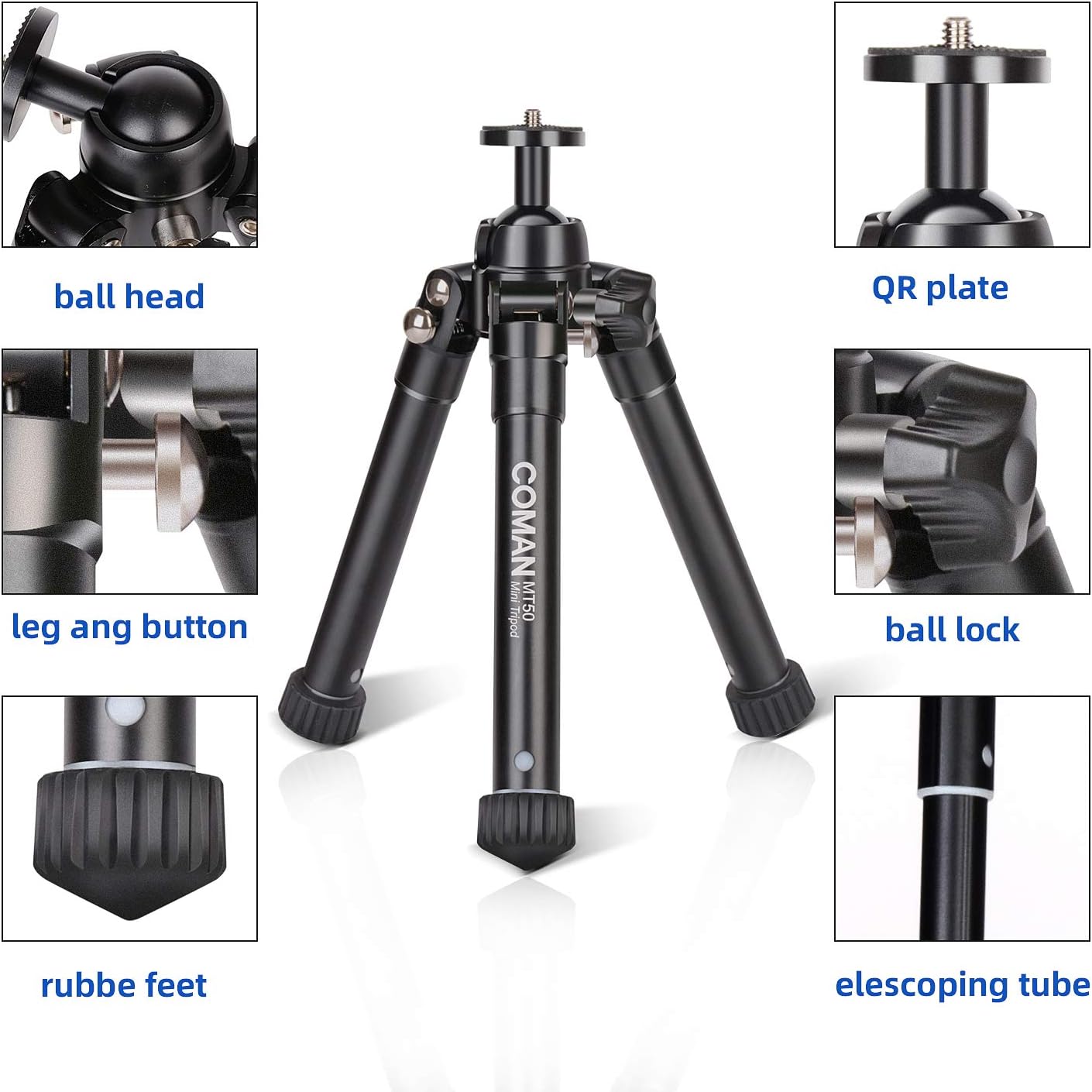 63" Tripod, COMAN Premium Phone Tripod, Portable All-in-One Professional Camera Tripod, Lightweight Aluminum, Bluetooth Remote for iPhone & Android Devices, Non Skid Tripod Feet: Camera & Photo