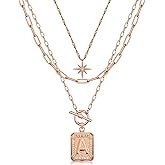 MJartoria Layered Initial Necklaces for Women Trendy, 14K Gold Plated Brass Simple Star Choker Square Letter Pendant Necklace, Paperclip Chain Necklaces Jewelry Gifts