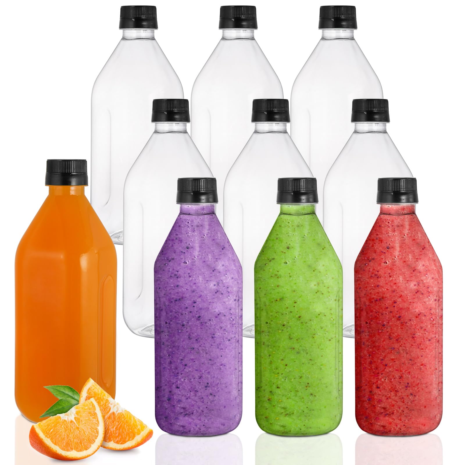 Photo 1 of Coloch 10 Pack 33 Oz Plastic Juice Bottles with Black Caps, 1L Empty Clear Soda Bottle Reusable Drink Container Plastic Milk Bottle for Water, Juice, Beverage, Cold Drinks, Picnic, Home Use