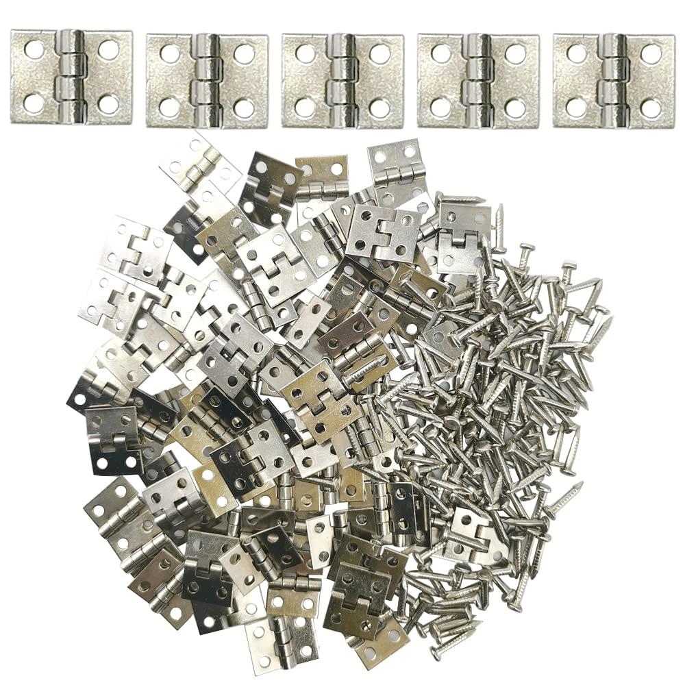 Ruidee 50 Pcs Mini Brass Hinges Miniature Furniture Cabinet Hinges for DIY Wooden Jewelry Box, Doll Houses, Tool Box（Silver）