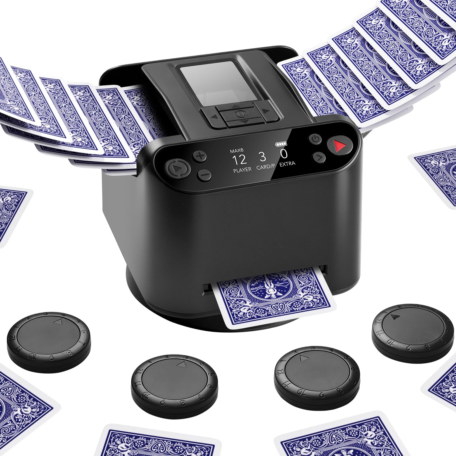 Photo 1 of Eolzzi Automatic Card Dealer and Shuffler Machine for 1-2 Decks, for 12 Players with 4 Remotes - Built-in Game Modes, 360° Rechargeable, Remote Deal for Poker, Rummy, Phase 10, Skip-Bo, Black