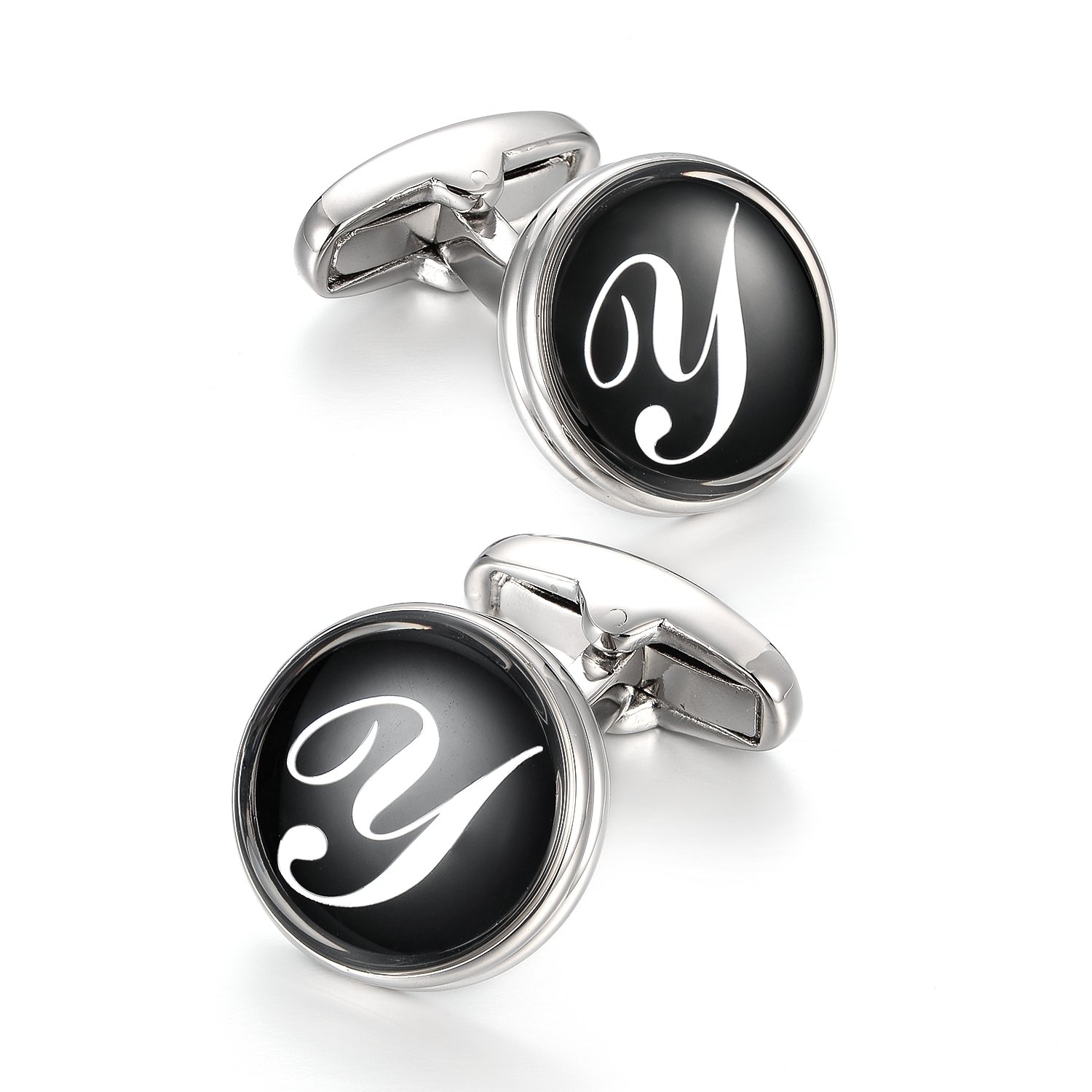 Merit Ocean Black Silver Cufflinks for Men Round Letter Initial Alphabet Rhodium Plated Cuff Links Mens Wedding Business (Y)