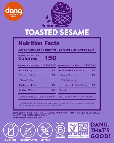 DANG THAI RICE CHIPS | GLUTEN FREE, SOY FREE & PRESERVATIVE FREE RICE CRISPS, HEALTHY SNACKS MADE WITH WHOLE FOODS (TOASTED SESAME, 3.5 OUNCE (PACK OF 1))