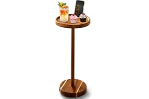 PHONGHOMEMY Drink Table - Acacia Pedestal Side Table, 10.6''x24'' Martini Table with Phone Holder and Charging Port, Weighted Base for Stability, Ideal for Small Spaces and Modern Decor