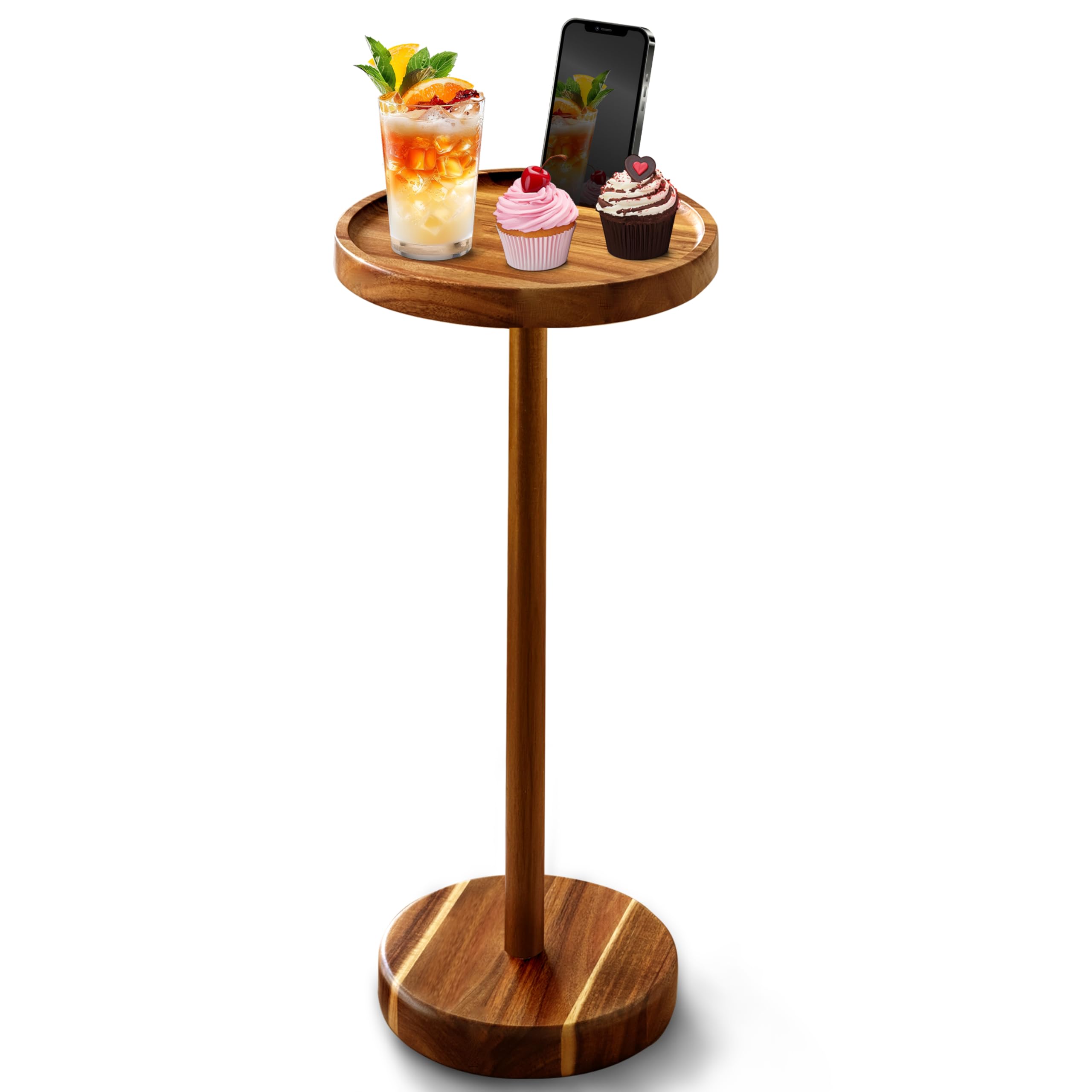 Photo 1 of Drink Table - Acacia Pedestal Side Table, 10.6''x24'' Martini Table with Phone Holder and Charging Port, Weighted Base for Stability, Ideal for Small Spaces and Modern Decor