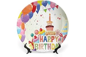LIGUTARS Ceramic Display Plate, Birthday Decor Ceramic Hanging Decorative Plate, Heart Shaped Funny Balloons Cupcakes Candies, 10 Inch, Living Room Kitchen Decoration Household, Multicolor