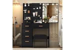 Black Vanity Desk with Sliding Mirror and Lights, 3 Lighting Modes & Adjustable Brightness, Makeup Vanity with 6 Drawers and 