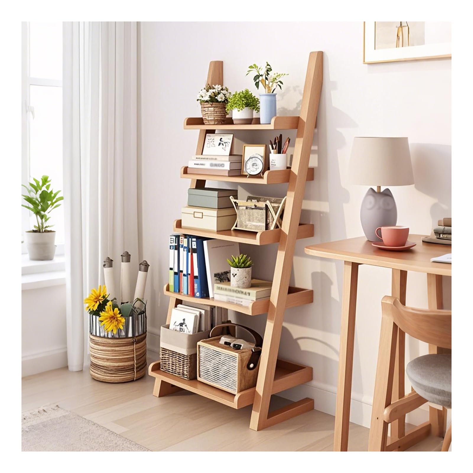 Photo 1 of BFECGDXT 5-Tier Ladder Bookshelf, H 55" Leaning Bookshelf Storage Rack Organizer, Wooden Ladder Shelf Bookcase for Living Room, Home Office and Bedroom, Wood Color