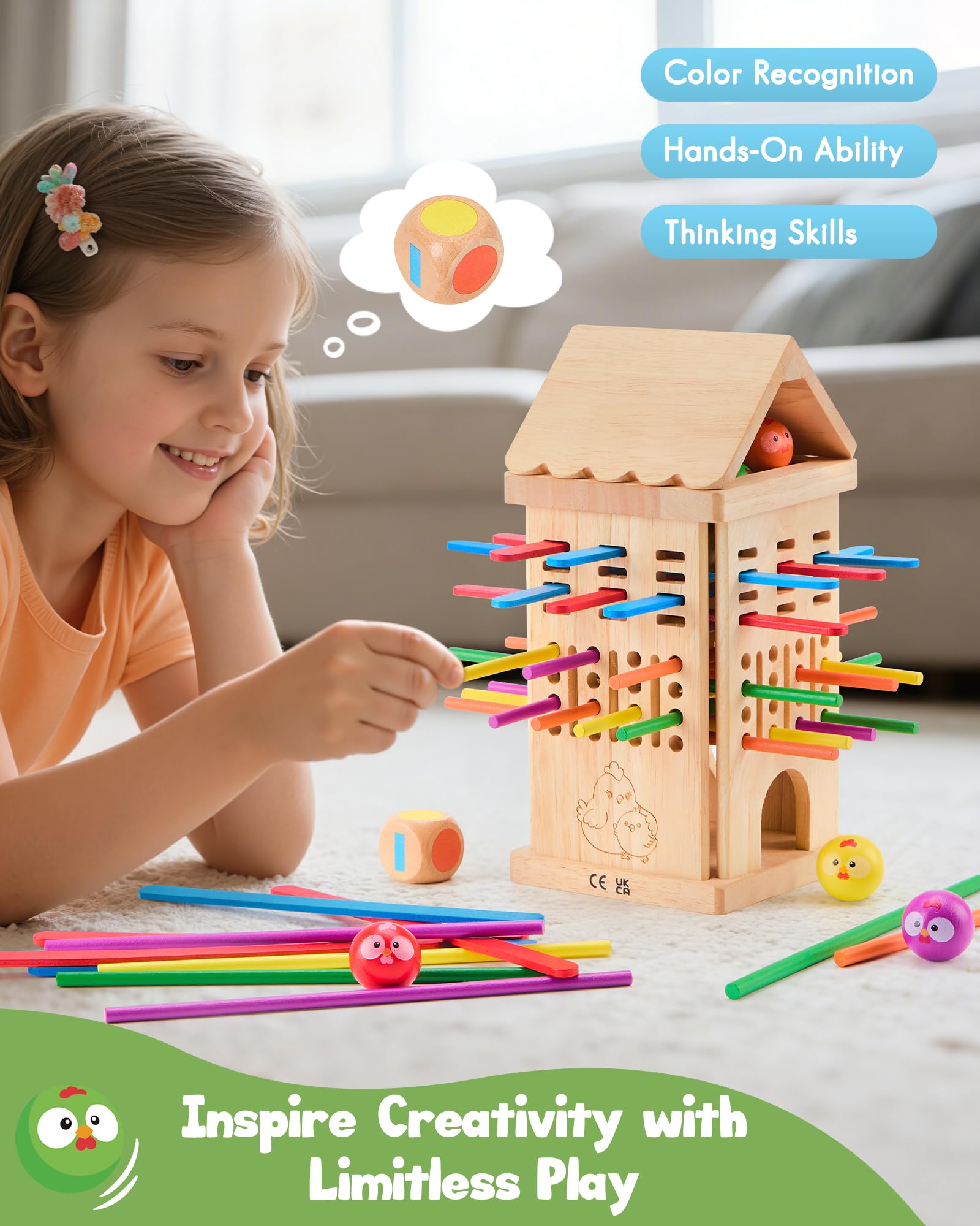 Montessori Spielzeug ab 3 4 5 6 Jahren - Brettspiele aus Holz, Kinder Lernspielzeug mit Bunten Stäbchen & Ball, Würfel Brettspiel für Motorik & Konzentration Geschenk für Mädchen Jungen 3