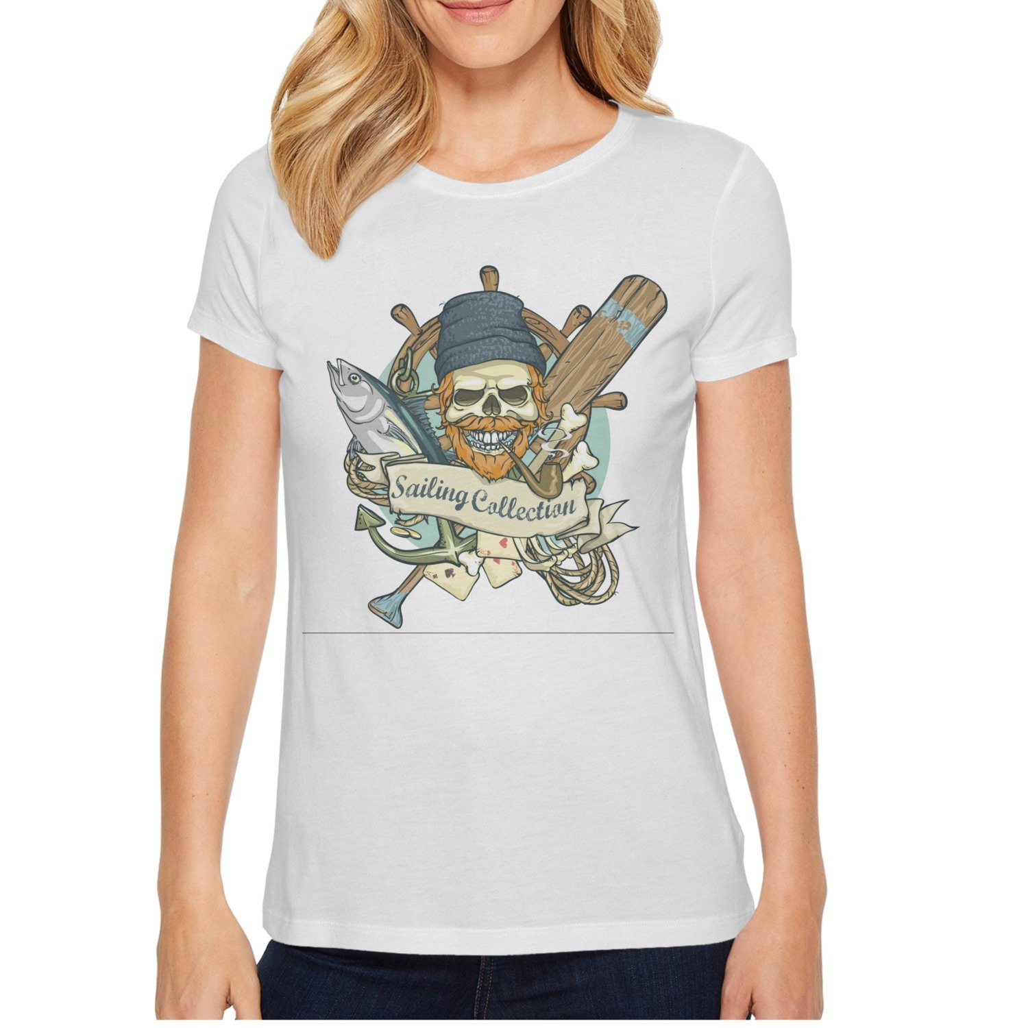 Rteftgfh Short Sleeve Woman Fisherman Skull Logo Design Sailing Casual Graphic T-shirts