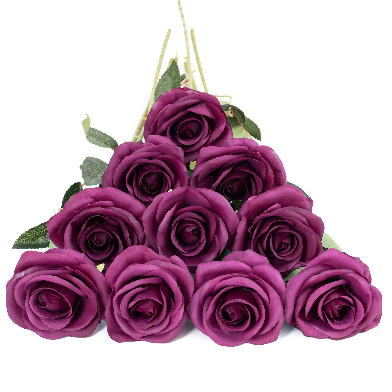 DuHouse 10Pcs Artificial Roses Fake Silk Flowers Realistic Bridal Bouquets with Single Long Plastic Stems for Arrangement Wedding Table Centerpiece Party Home Decor(Plum)
