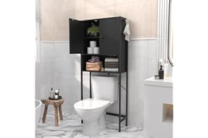 Ecoprsio Over-The-Toilet Storage Cabinet Rack, Bathroom Organizer Shelf Over Toilet, Freestanding Space Saver Toilet Stands with 2 Hooks, Black