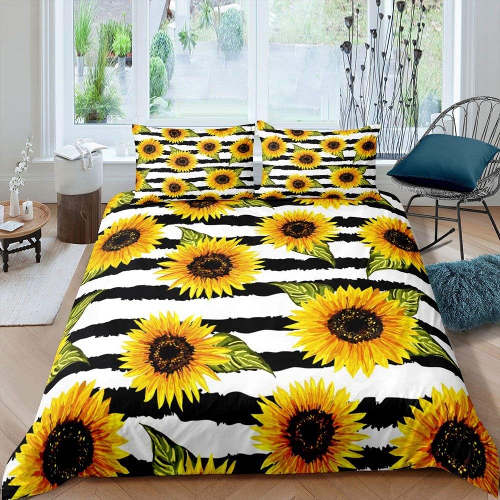 Sunflower Bedding Stripes Sunflowers Duvet Cover Set Black