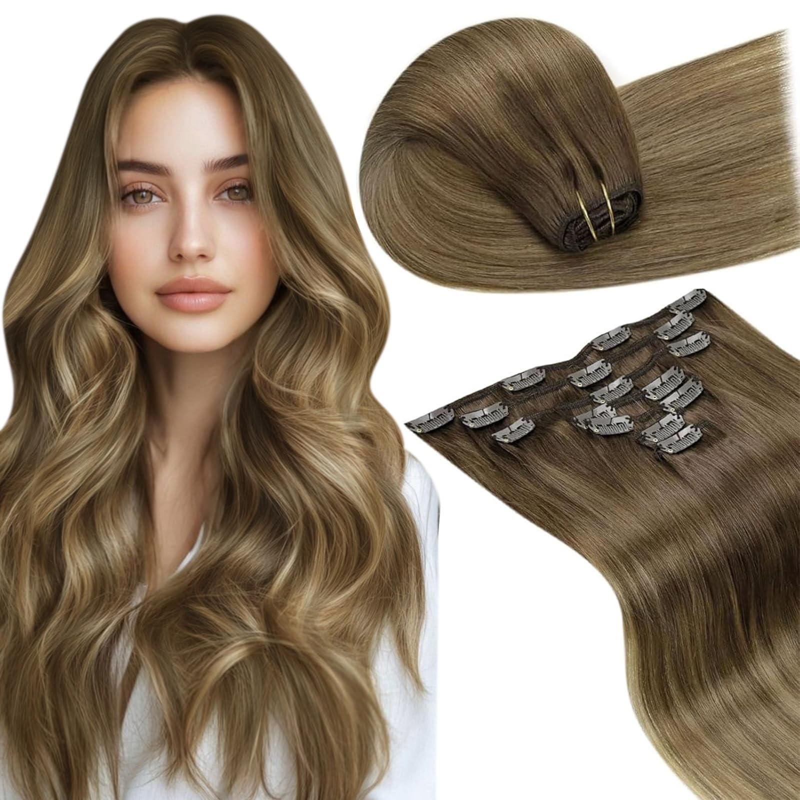 LaaVoo Clip in Hair Extensions Real Human Hair Brown Hair Extensions Clip in 18 Inch 120g 7pcs Full Head Straight Balayage Brown Shadows Remy Hair Double Weft #6/8/14