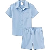 MoFiz Boy's Short 2 Pieces Set Casual Beach Outfits Button Down Shirts Shorts Vacation Texture Sets Kids 6-16 Years