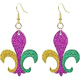 YanJie 2Pcs Mardi Gras Earrings for Women Glitter Carnival Earring Purple Fleur de lis Parade Accessories for Women Party Crown Outfits