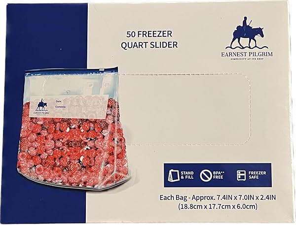 EARNEST PILGRIM QUART FOOD STORAGE FREEZER ZIPPER BAG, EASY OPEN ZIP SLIDER