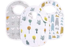 EGMAO BABY Snap Muslin Bibs for Boys & Girls, 3-Pack Baby Bibs for Infants, Newborns and Toddlers, 100% Cotton Muslin Absorbent & Soft Layers, Adjustable Snaps, “Bear,Hedgehog,Tree”