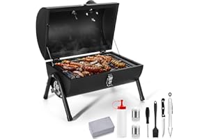 Portable Charcoal Grill Set of 8, Leonyo Outdoor Small Tabletop BBQ Charcoal Grill with Barbecue Tongs, Kinfe, Grill Brick, Compact Mini Camping Grill for Outdoor RV Picnic, Patio, Backyard, Beach
