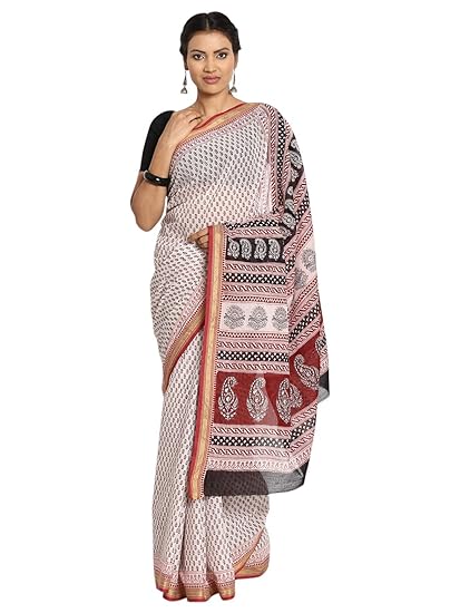 Finest Quality Cotton - Handmade Light Pink base Saree and Maroon, Black Booti, Zari Border- Bagh Block Print Saree with Blouse Piece