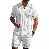 WDIRARA Men's 2 Piece Outfits Geometric Print Button Down Short Sleeve Shirt Shorts Set Vacation Outfits