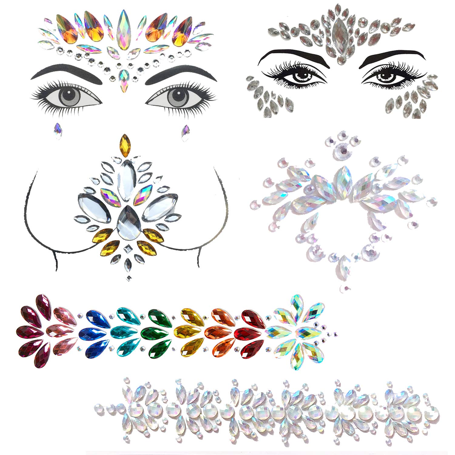 Leoars Rainbow Body Gems Sticker, Mermaid Face Jewels Tattoo, Rhinestone Hair Gem Stick on, Crystals Chest Belly Jewelry Women Makeup Set for Festival Rave, 6-Pack