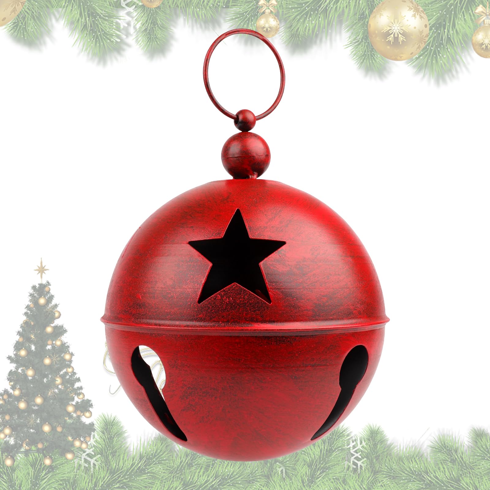 YiYa Big Christmas Decoration Bells Large Craft Bell Ornament with Star 9.4x12.2 Inch Christmas Jingle Bells for Xmas Holiday Tree Doorway Home Garden Decor（Red）