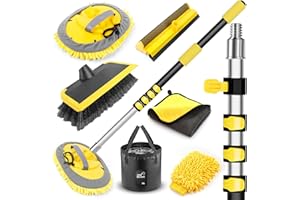 OPOW 144'' Car Cleaning Kits with Telescoping Pole, Collapsible Bucket, Chenille Mop, Bristles Brush, Window Squeegee, Mitt, Micro Fiber Towels, Extendable Wash Detailing for RV Truck Boat Clean Accessory