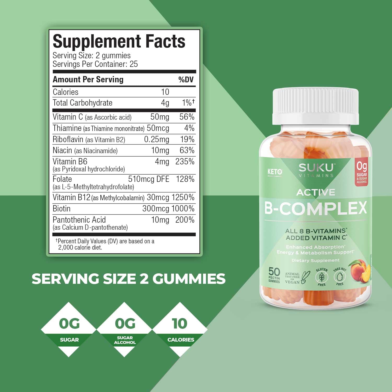 SUKU Vitamin B Complex Gummies with Vitamin C – Sugar Free Vegan 8 B Vitamins Complex Gummy Supplement Increases Cell Development, Improves Metabolism & Collagen Formation, Peach Flavour (50 Gummies)