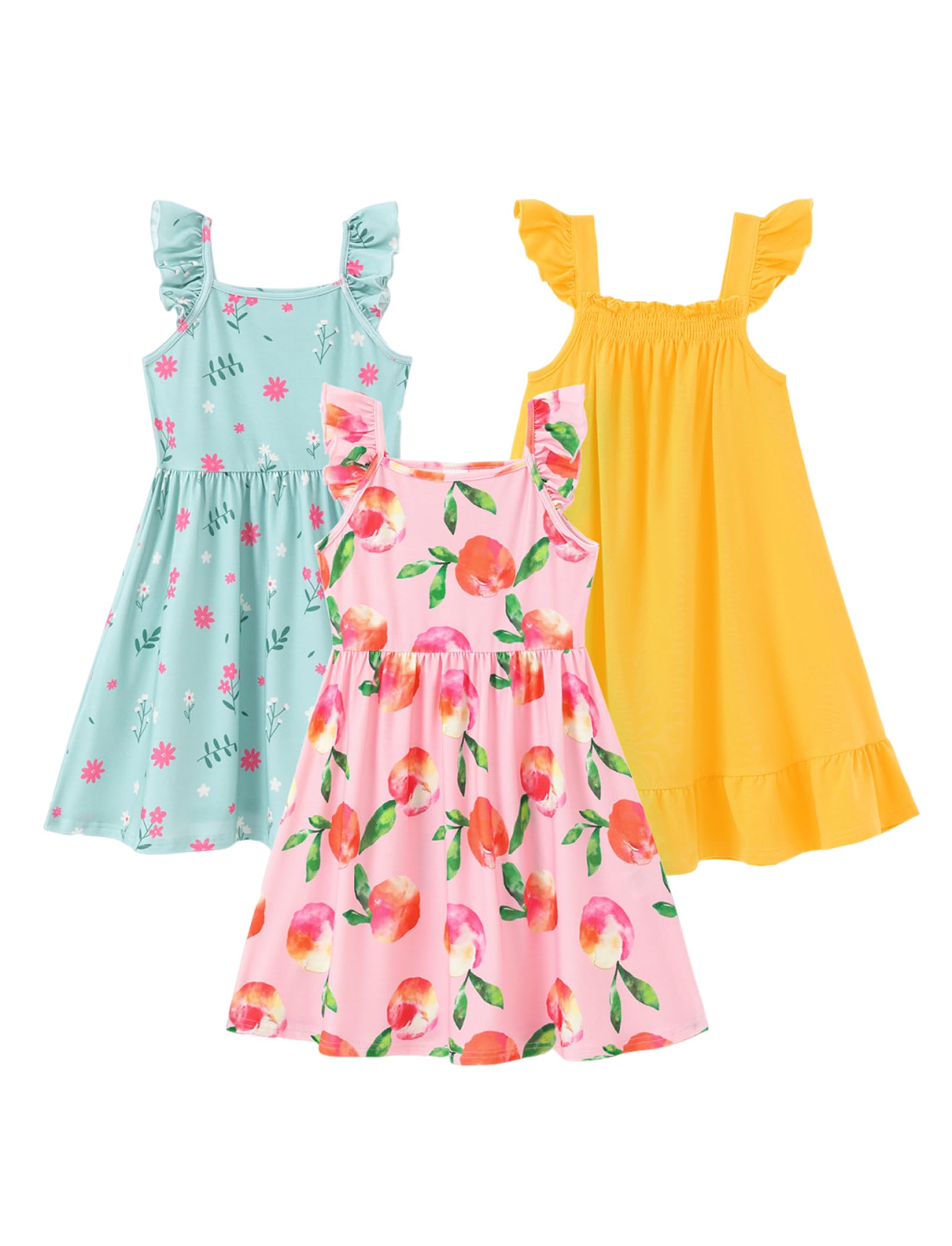 PATPAT Big Girls 3-Pack Summer Dresses – Peach Print, Mint Floral & Yellow Ruffle Sundress, Stylish & Comfy Looks for School & Everyday Wear, 11–12 Years Image