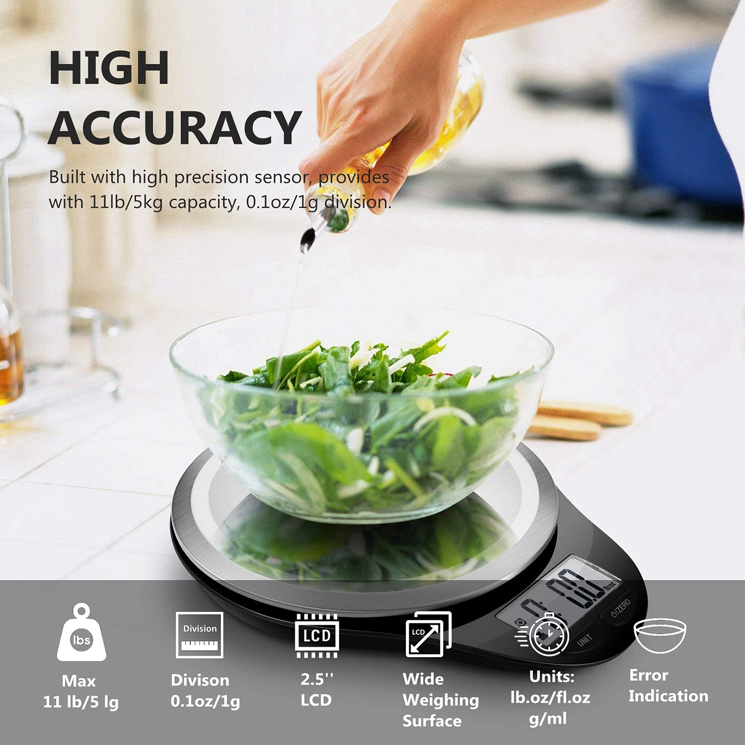 Food Scale, NUTRI FIT Digital Kitchen Scale Weight Grams and Ounces for Weight Loss, Accurate Cooking Baking Scale LCD Display Max 11lb 1g Increment with Wide Stainless Steel Platfrom, Black