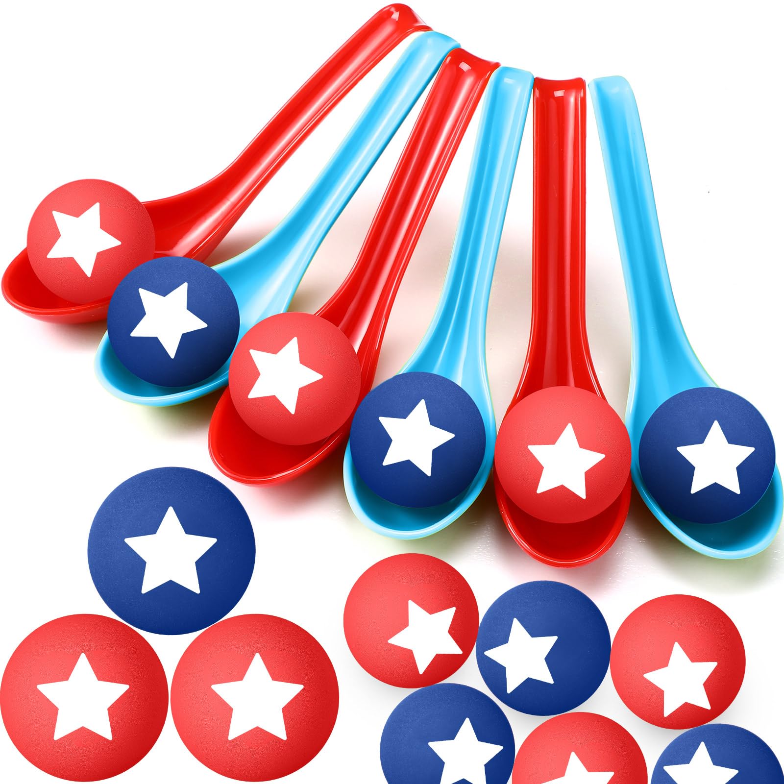 Photo 1 of PullCrease 24 Pack 4th of July Spoon Relay Race Toy Set for Boys Girls Patriotic Ball and Spoon Race Game for Independence Day Labor Day Indoor Outdoor Party Game Supplies (Red, Blue,Star)