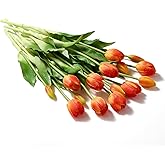 Pmyra 15Pcs Fake Tulips Artificial Flowers Real Touch Latex Bouquet Faux Tulips for Centerpiece Arrangements Wedding Party Home Décor (Orange)