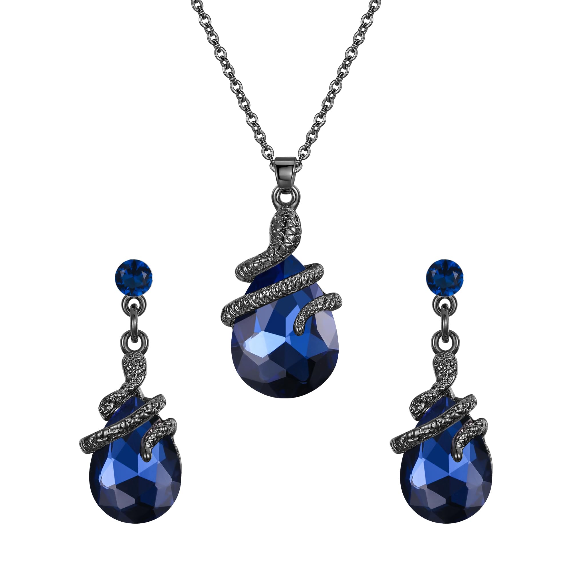 Ever Faith Snake Pendant Necklace with Earrings Set Halloween Costume Snakes Jewellery Set Goth Serpent Greek Medusa Cosplay Accessories for Women Blue