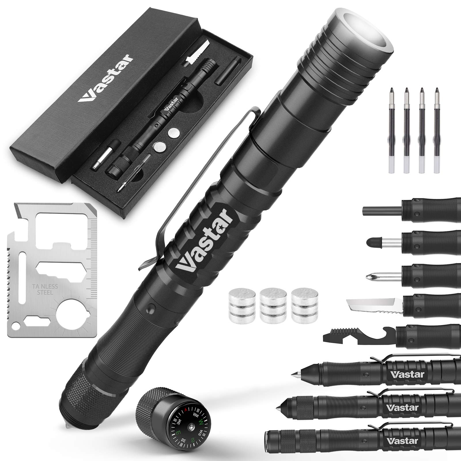 Vastar Tactical Pen 14 in 1 - Multifunctional Survival Tool, Gift for Men, Equipped with Screwdriver, Emergency Glass Breaker, Flashlight, Compass, Writing Tool, is The Best Anniversary Birthday Gift