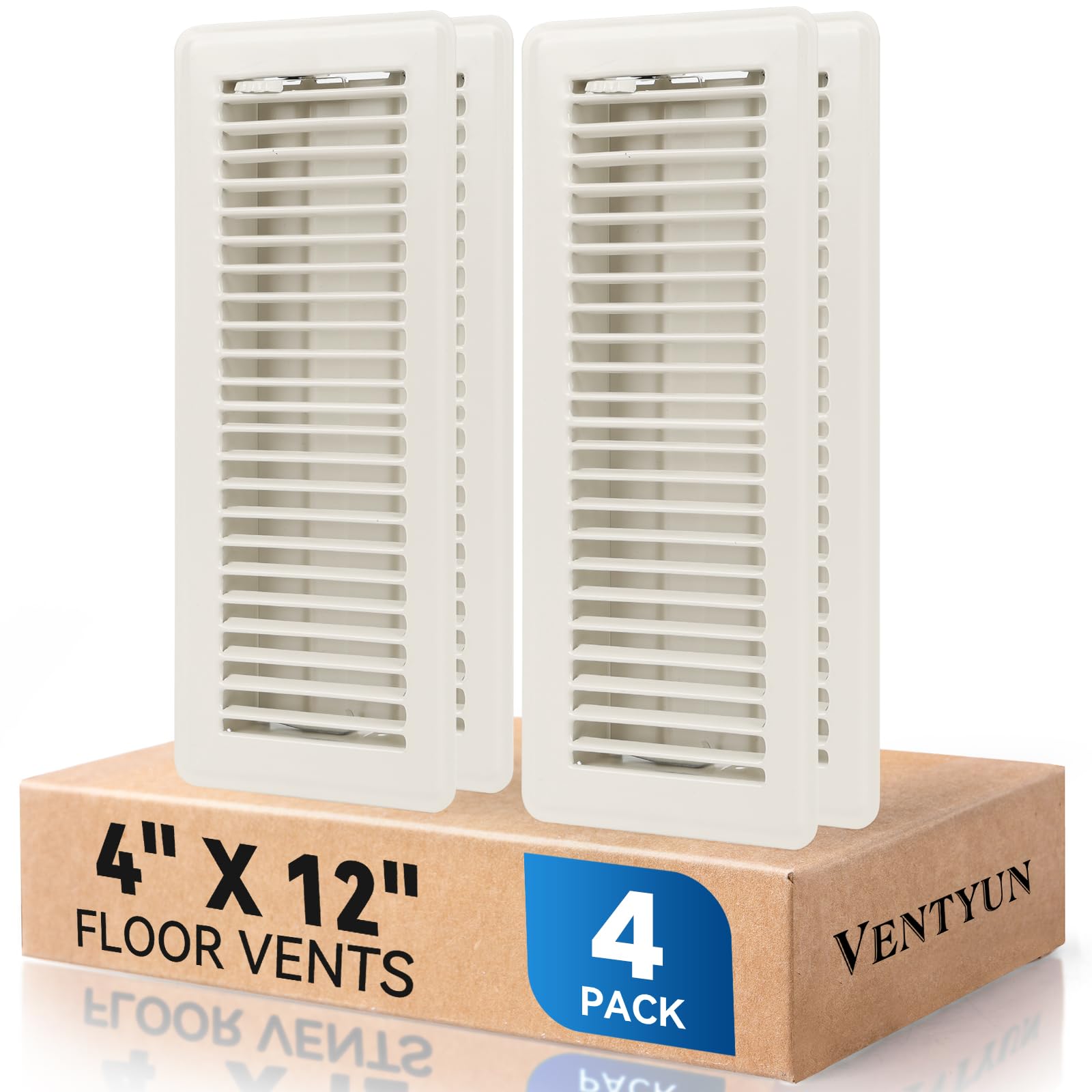 Photo 1 of VENTYUN 4" x 12" Floor Register Vent Covers 4-Pack, Walkable Powder-Coated Metal Vent Covers with Adjustable Airflow, Curved Safe Edges for Floor/Wall, White