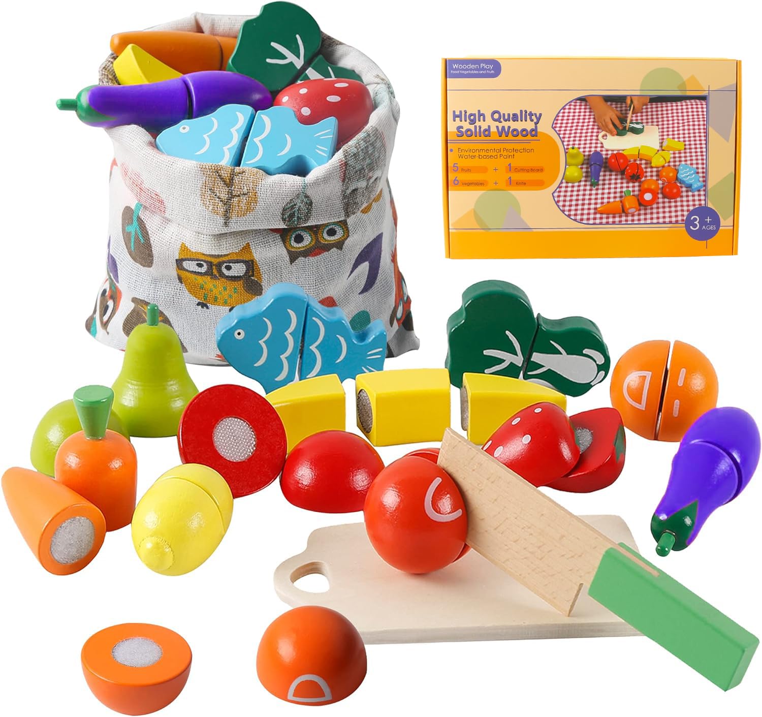 HVDHYY Wooden Play Food for Children Cutting Fruits and Vegetables Game Set Toy Foods Kitchen Pretend Role Play Toys for Kids Children's Birthday Educational Toys Set with a Storage bag 3+Years Old
