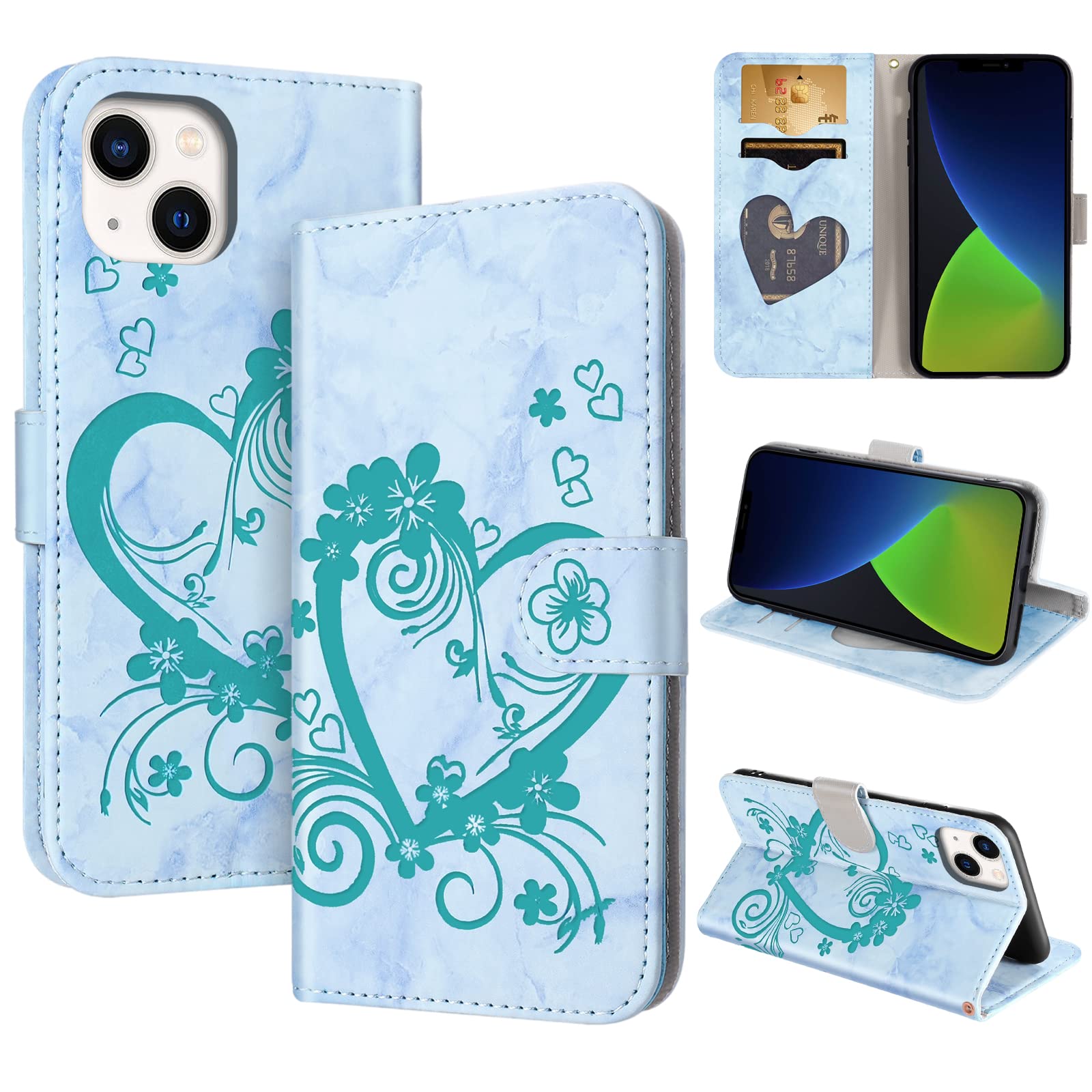 CASAFUNY Case for iPhone 14, Premium Leather Wallet Case Magnetic Flip Phone Case Shockproof Cover with Card Holder Kickstand for iPhone 14, Green
