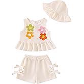 SODLON Baby Girl Clothes Infant Toddler Summer Outfits Clothing Sleeveless Ruffle Tank Top Shorts Sets with Hat for Girls