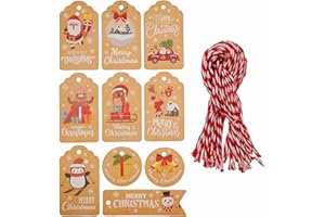 RIKWOG 50Pcs Christmas Kraft Tags, Xmas Brown Kraft Paper Gift Tag 10 Styles Christmas Labels with Cotton String for Christmas Gift Tree Decoration etc
