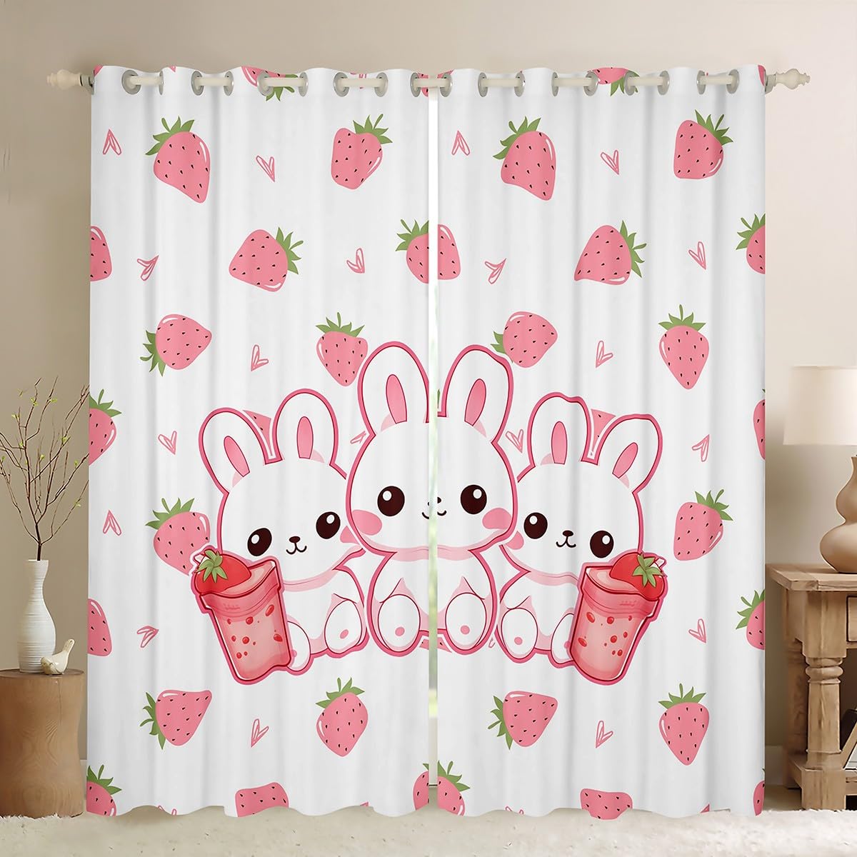 Manfei Cute Rabbit Blackout Curtain Kawaii Pink Strawberry Window Treatments, Cartoon Animal Fruit Window Drapes for Kids Girl Room Decor Grommet Top 2 Panel Set Bedroom Curtains, 66Wx72L inch